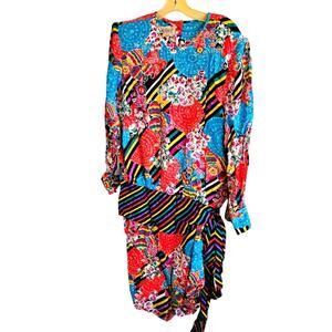 Vintage Julie Francis 100% Silk Dress 12 Maximalist 80s 90 Floral Stripe Size 12